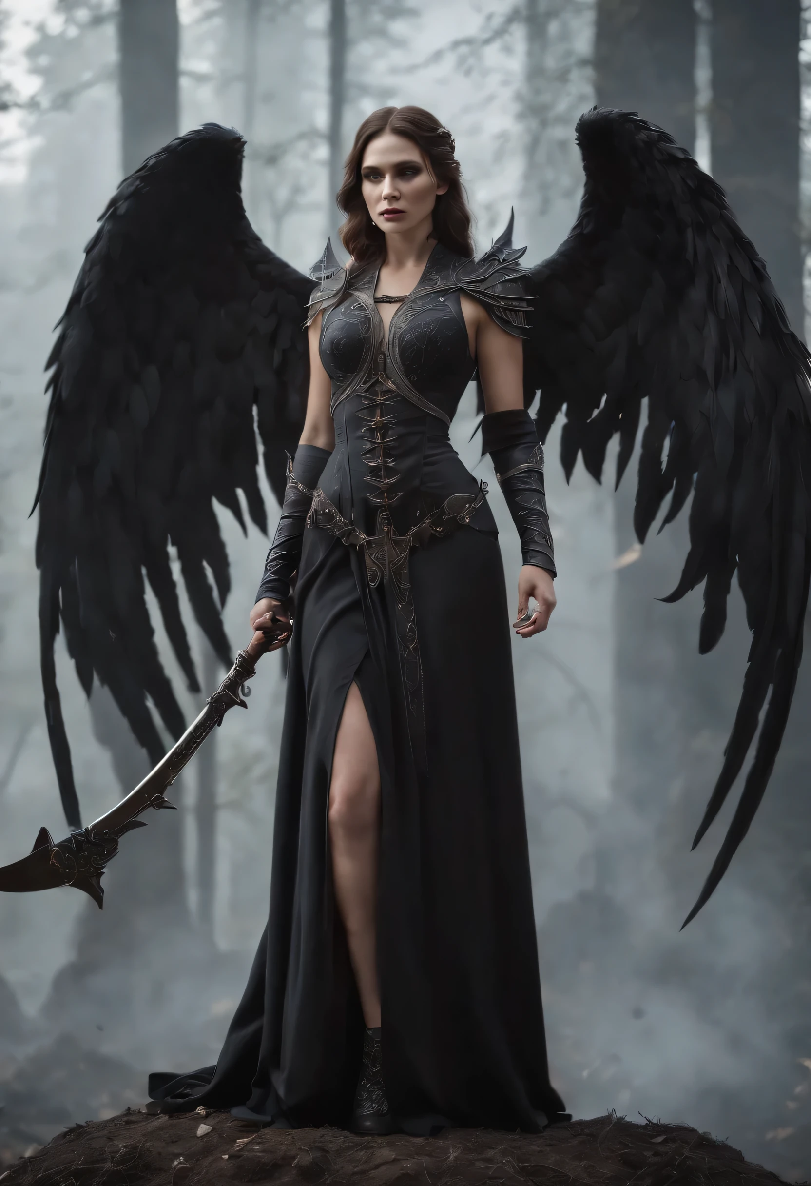(masterpiece, 8K, UHD, photo-realistic:1.3), Death's Angel, (glistening ebony wings:1.4), towering, holding a (sleek scythe:1.2) in grip, cold steel, reflecting flames, standing atop, (mound of skulls:1.3), empty eye sockets, whispers of past souls, fiery backdrop, raging inferno, dancing flames, silhouetting the figure, billowing smoke, crimson hue, intimidating presence, ominous atmosphere, dynamic angle, side view, deep shadows, intricate detailing on wings and attire.