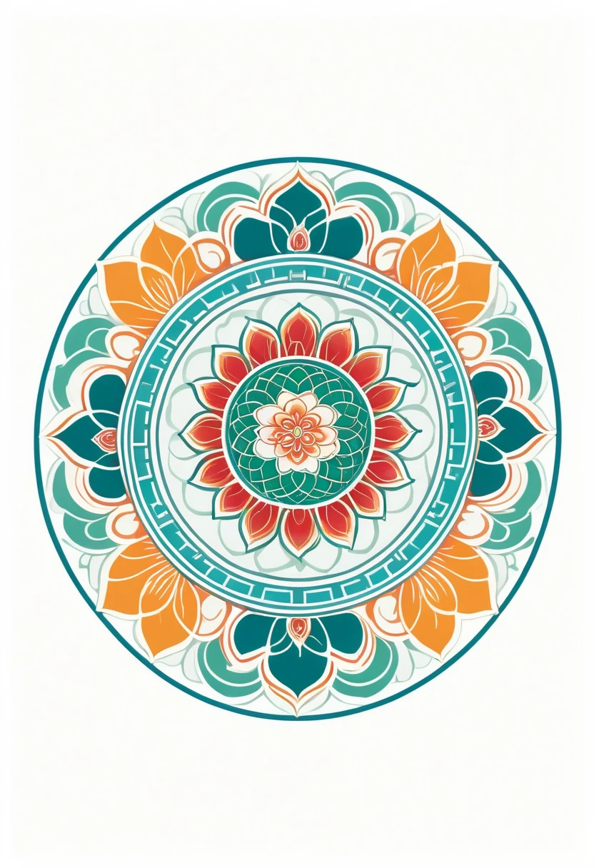 logo design, with auspicious cloud and lotus elements in the center of symmetrical patterns, flat illustration on a white background using colorful colors in a traditional color scheme. The vector graphics use
circular shapes and traditional motifs with handdrawn lines in a flat vector art style. The main body is located on an isolated background with a simple composition that highlights details and features in the the style of traditional Chinese patterns.
