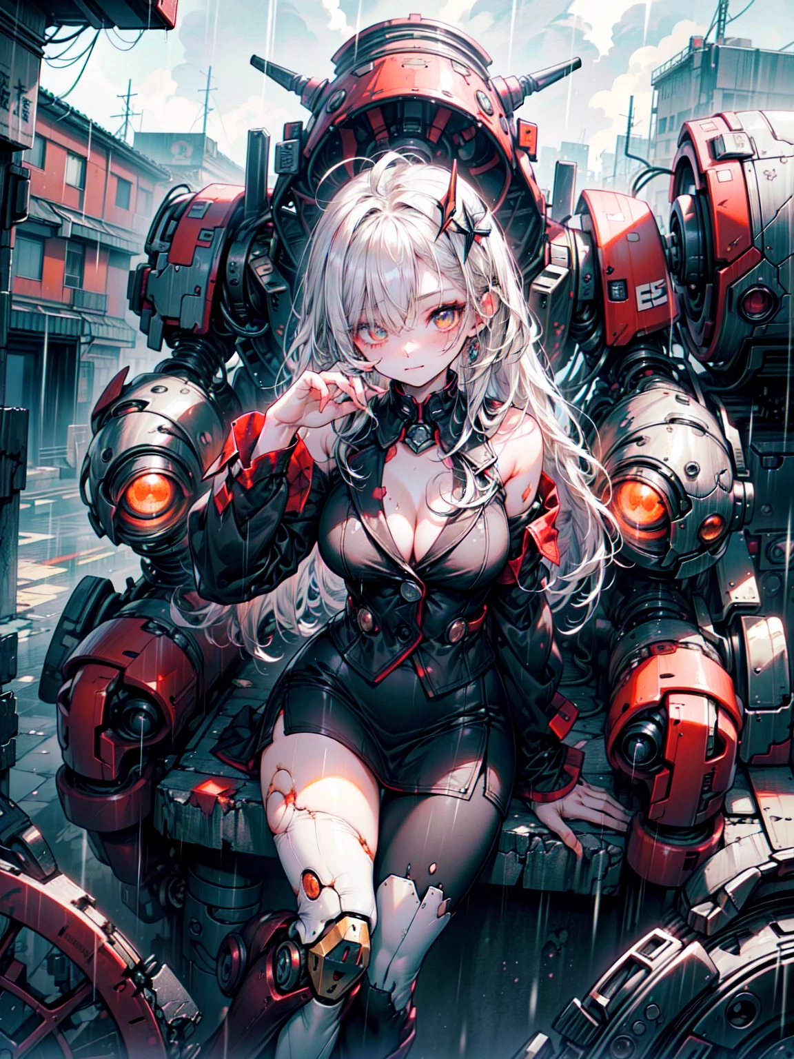 super high quality、8K quality、High resolution、Image quality captured with a single-lens reflex camera、(SFW)、Perfect Anatomy、(黒のオフィスsuitテーマ）、Cowboy Shot、Beautiful Mecha Girl、Beautiful blonde 20 year old girl.Orange eyes、(Blank look、Loss of eye color:1.3)(Good shape、Big Breasts、Cleavage)、3D, Realistic black machine parts、（Shoulders and legs are exposed:1.2）(Real Mechanical Unit)、break(office lady, suit, Pencil Skirt, Wear a miniskirt:1.4)(Praying to God pose:1.4)(Mechanical parts below the elbows and knees:1.2)(Damaged、、Damaged mechanical leg、missing feet、 Destroyed mechanical leg、spark:1.5)(Soaking wet、Rain-soaked body:1.2)break、（natural disaster:1.5）（Perfect Anatomy:1.4）break(Sitting:1.2)(Movie angle:1.3)Collapsed building、rooftop(Storm and heavy rain:1.6)、break、非常にdetailed (Dark Elf), (1 girl), alone, Perfect Face, detailed, Ahoge, ((Long Hair:1.2)), (Hair above one eye:1.3), [[Messy Hair]], Shiny blonde white hair, Purple eyes, Variegated eyes, Colorful Hair, Shining Eyes, Bright Eyes, Face imprint, (eyelash, eye shadow, pink eye shadow), smile, design art by Mikimoto Haruhiko, by Kawashi, by Yoshitaka Amano,break、 ((Perfect Anatomy)), Nice body、(非常にdetailed指), Best Hand, Perfect Face,(Perfect Fingers), Correct Anatomy,