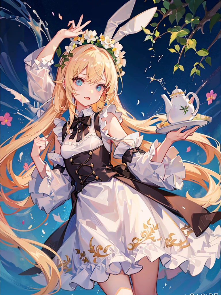 A girl surrounded by lots of flowers、Bunny ears、Blonde、long hair、Maid clothes、Have a teapot、Highest品質, High definition, Ultra-fine, Highest_detailed
