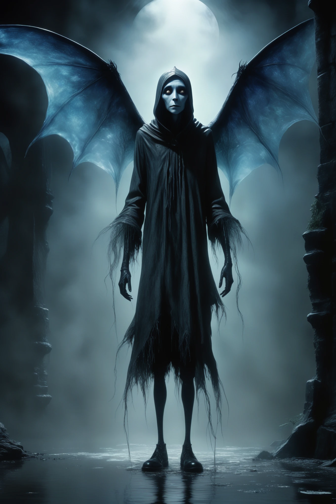 full body length shot,beggar graphite Manganite sparas, wants eat,survival in criminal city of future,Cinematic,soft colors, Technicolor,natural skin textures, hyper realism, hyper detailed,Extremely detailed,High contrast,Masterpiece,Realistic,Ultra Detailed, intricate details,realistic humid leather,extremly intricate,Epic Realistic, cinematic style,irina yermolova,high contrast,hdr,extremely detailed, [deep night landscape],masterpiece,intricate details,faded,eyes extremely detailed, high detailed eyes,16k resolution,RAW,retina, Nikon Z9,China,Songbird,orc,Li River in Guangxi Zhuang of China,tkt style, Pisces, pointed ears，perfect, ginger，transition between two art styles, Ink painting to photorealism, Double contact, X-ray, Creative, vivid light, masterpiece, fantasy, Abstract, Surrealism, super detailed, high resolution, stop:35,(((creature with a spectral and ghostly appearance)). Her skin is pale, almost translucent. His eyes shine with a bluish glow, he wears dark, torn clothes that float around him, as if permeated by an aura of mourning. Its appearance is complemented by details such symbols of morning and gothic elements, further emphasizing its dark air. is portrayed as a haunted and tormented entity,pixar movie still, pixar movie screenshot, frame from pixar movie, animated movie still, still from the pixar movie, still from a pixar movie, disney pixar movie still, pixar movie scene, still from pixar movie, still from a 2001 pixar movie, pixar render, animated film still