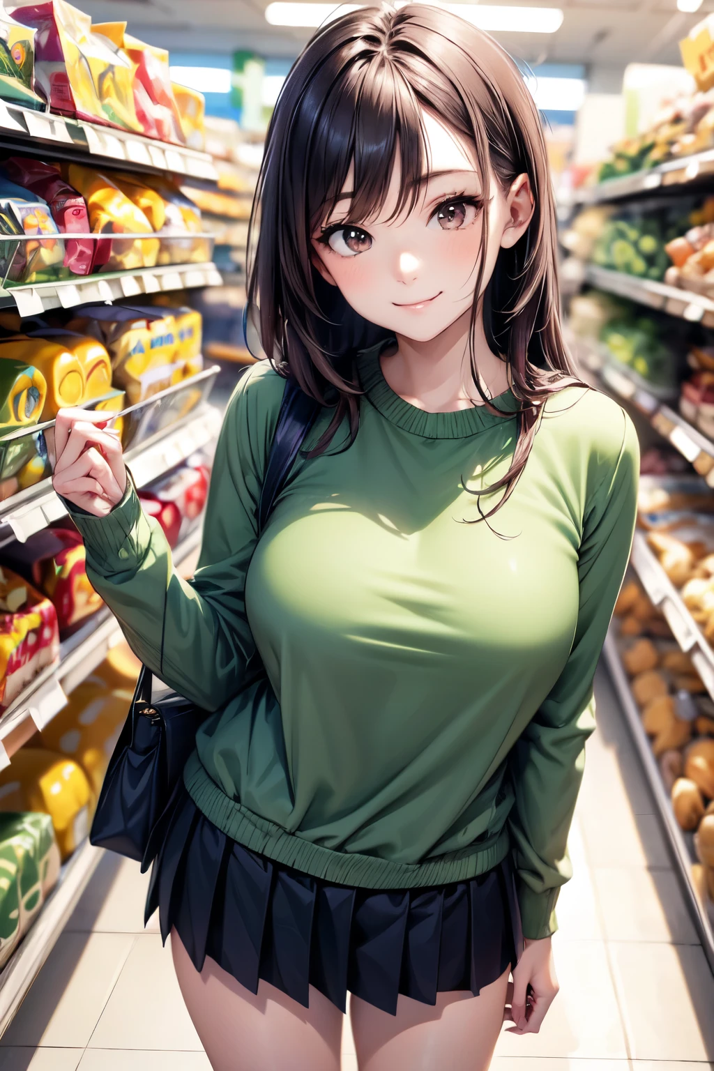 very cute and beautiful girl,(highly detailed beautiful face),
(smile:1.25),happy,looking at viewer,(green sweater),cowboy shot,pleated black mini skirt,
shopping in supermarket,black hair,
(best quality,masterpiece),absurdres,highres,ultra-detailed,extremely detailed,32k,8k resolution,
intricate details,cinematic scene,detailed background,solo,dynamic angle,aesthetic darkbrown eyes,