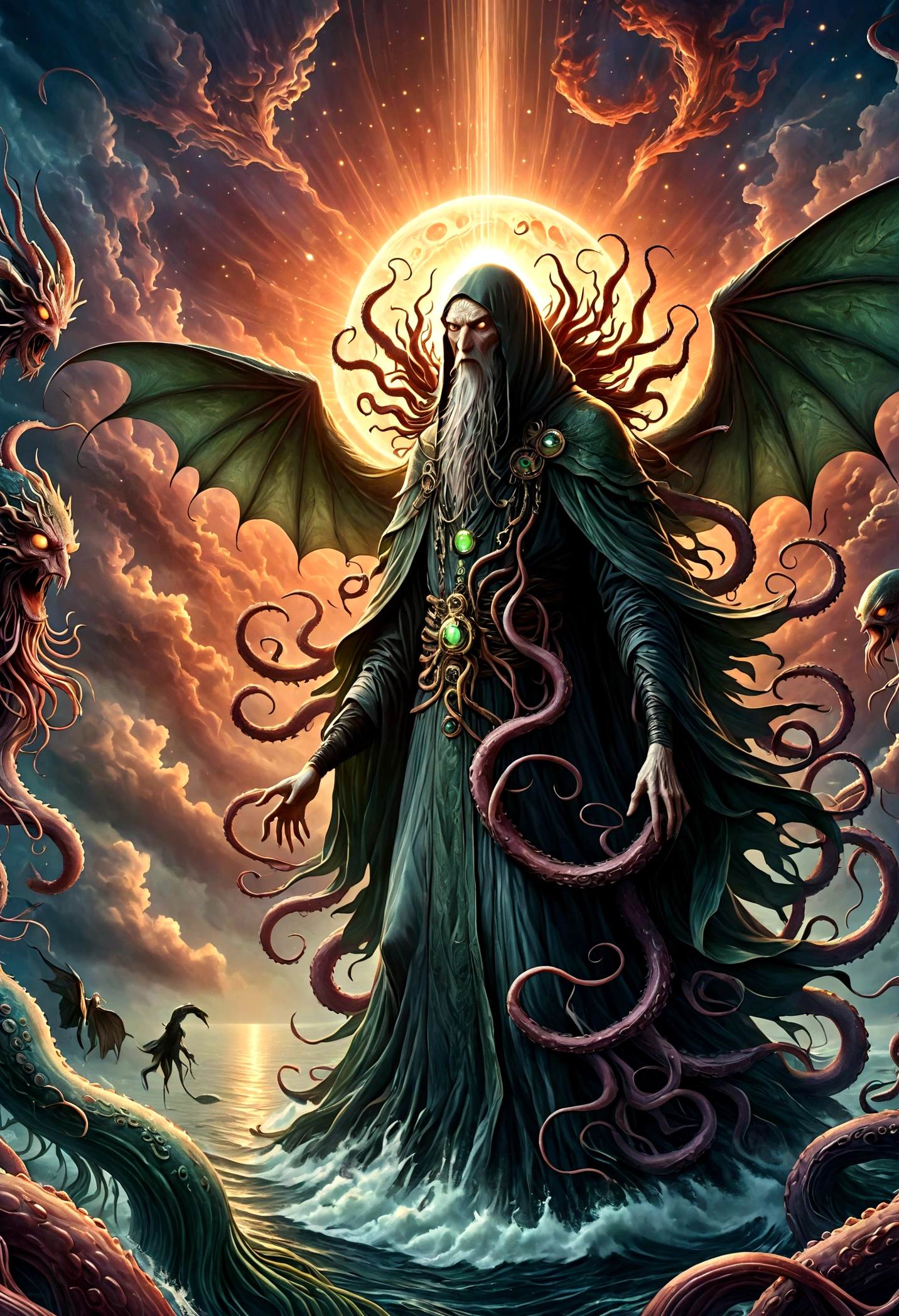 a terrifying ancient eldritch entity, cthulhu mythos, cosmic horror, long tentacles, wings, divine and demonic form, cloak, contrast, relativity, quantum mechanics, abyss, nightmarish existence, insane, bizarre, (best quality,4k,8k,highres,masterpiece:1.2),ultra-detailed,(realistic,photorealistic,photo-realistic:1.37),dark moody atmosphere, cinematic lighting, dramatic shadows, muted colors, chiaroscuro