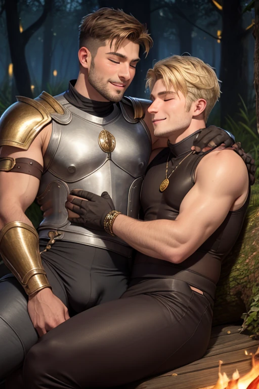 2 men, Photo-realistic. A pleased 24-year-old male, medieval warrior, with shaved blonde hair, stubble, and closed eyes, wearing sleeveless, metal armor, arm around, cuddling, kissing a smiling lovingly, 19-year-old, fit, handsome, medieval man with shaved, brown hair, slight stubble, and closed eyes, wearing sleeveless gray and gold tunic, and tan leather pants. They sit close together on a log, in a wooded field, in front of a campfire, at night. Masculine, sexy, men in love, with big bulging pants.