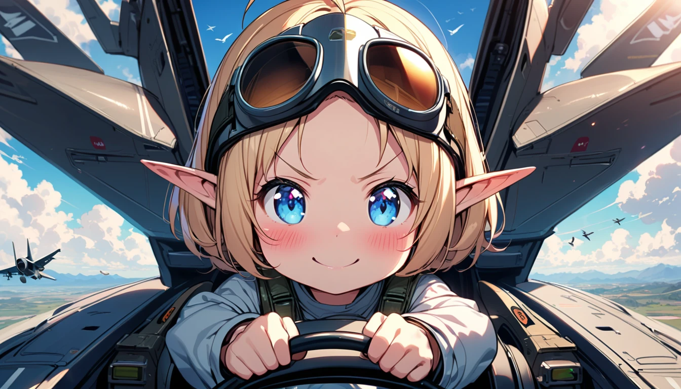 (little girl), solo, (loli face), , glossy blonde hair, ahoge, happy smile, short hair, elf, blush, blue eyes, beautiful detailed eyes, ((fighter jet)), blue sky, birds, goggles, ((sitting in the cockpit)), Helmet, salute, Zero Fighter, V-shaped eyebrows, forehead