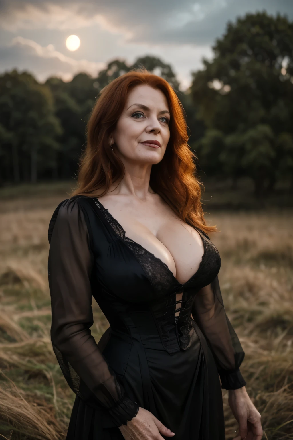 high quality photograph mid-aged redhead woman, sinister expression, detailed face, (sinister laugh expression), lustful physique, shiny and pale skin, extremely long messy hair, mature woman, wearing black dress Victorian era apparel, slim body, 45 year old woman, detailed clothing, cleavage, huge round breasts, large natural breasts, (round and fleshy), night time witchcraft, occultism, at full moon night scene, in the middle of a field of grass, creepy old wooden cabin in the background. detailed surroundings. seductive figure that captures attention, [depth of field] ((intricate detail, Detailed textures)), bright lighting, soft lighting, Global illumination, Clear facial features, (Create ultra-detailed image textures, capturing every detail with precision