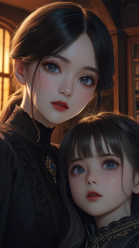a family silhouette, father, mother, older brother, younger sister, standing in front of a luxurious house, vast lawn, no other houses, horror, anime style,(best quality,4k,8k,highres,masterpiece:1.2),ultra-detailed,(realistic,photorealistic,photo-realistic:1.37),extremely detailed portrait,detailed facial features,beautiful detailed eyes,beautiful detailed lips,extremely detailed eyes and face,long eyelashes,cinematic lighting,dramatic lighting,moody lighting,vibrant colors,rich colors,dark colors,haunting atmosphere,eerie atmosphere