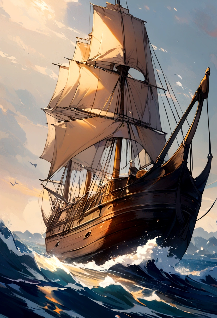 a painting in oil of an old caravel ship sailing on the sea
