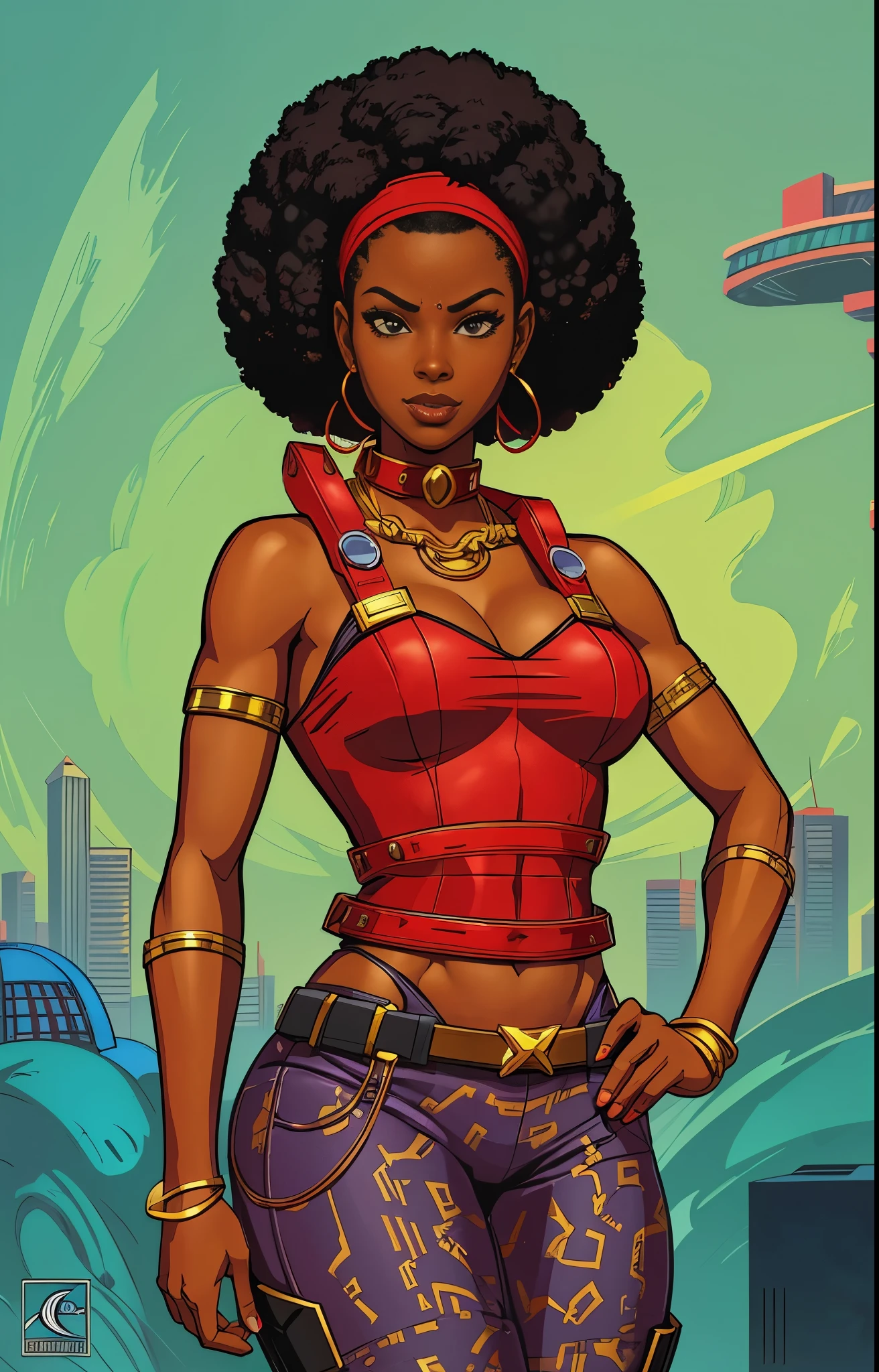 a cartoon of a woman with a red top and a red headband, female lead character, nerdy black girl super hero, 90s comic book character design, afro futurism, a portrait of the character, red afro, anya from spy x family, by Ella Guru, portrait of modern darna, full body character portrait, character full body portrait, colored illustration, afro