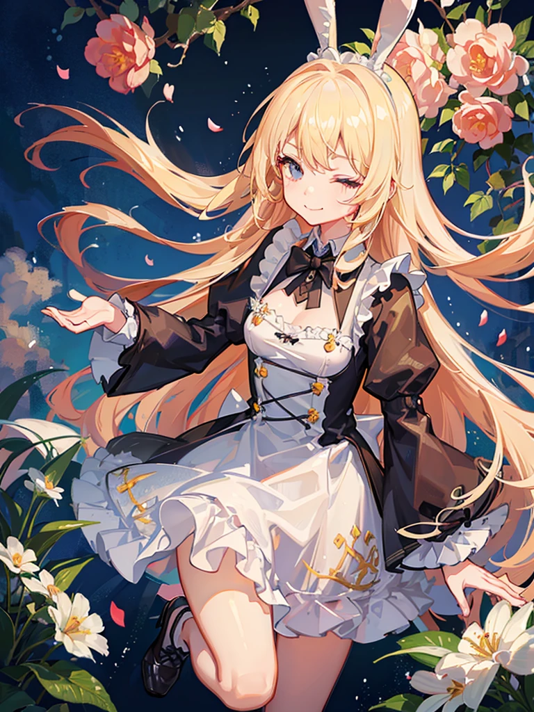 A girl surrounded by lots of flowers、Bunny ears、Blonde、long hair、Smile with your mouth closed、Maid clothes、Have a teapot、Highest品質, High definition, Ultra-fine, Highest_detailed