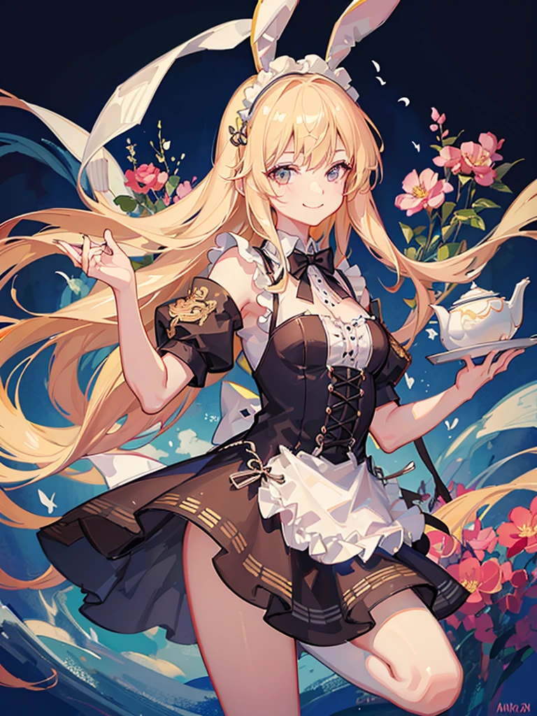 A girl surrounded by lots of flowers、Bunny ears、Blonde、long hair、Smile with your mouth closed、Maid clothes、Have a teapot、Highest品質, High definition, Ultra-fine, Highest_detailed