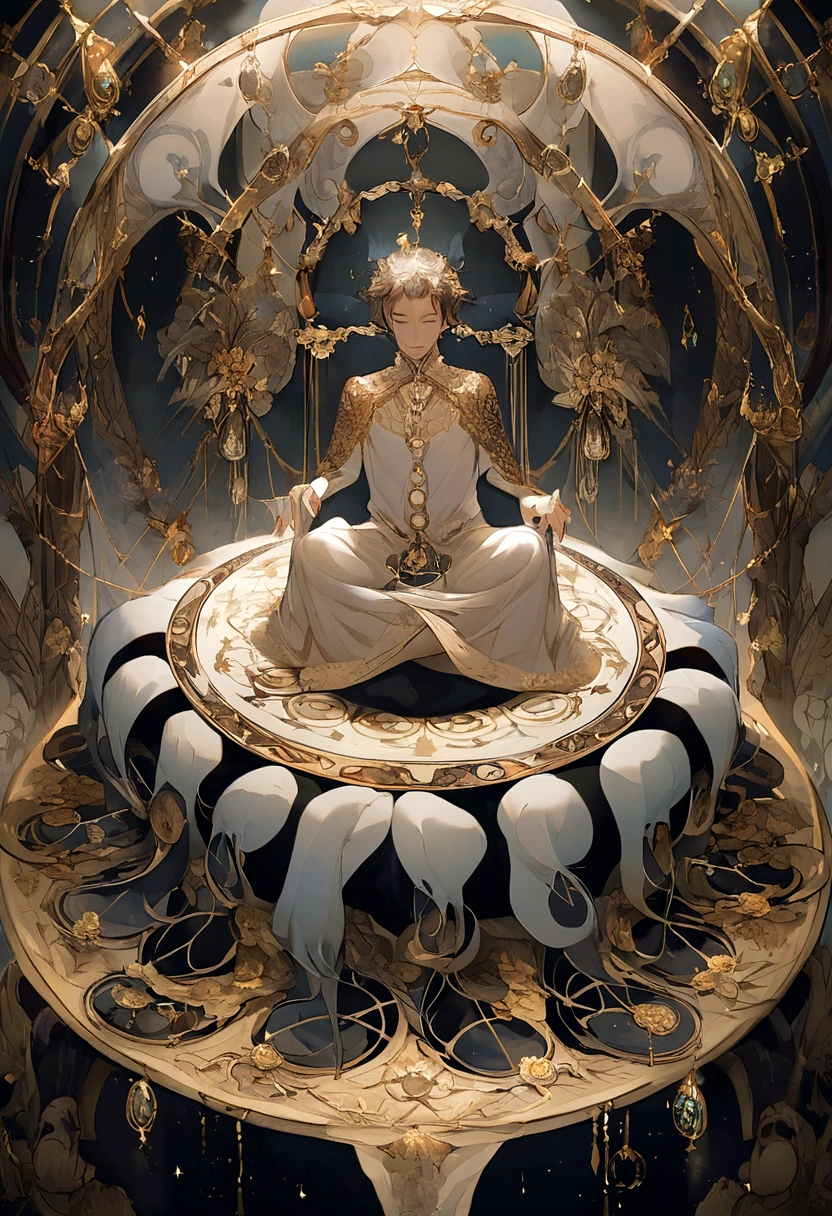 Ten Aspects of Longevity,A boy in the void,Curled up position,There are ten magic circles around the boy.,