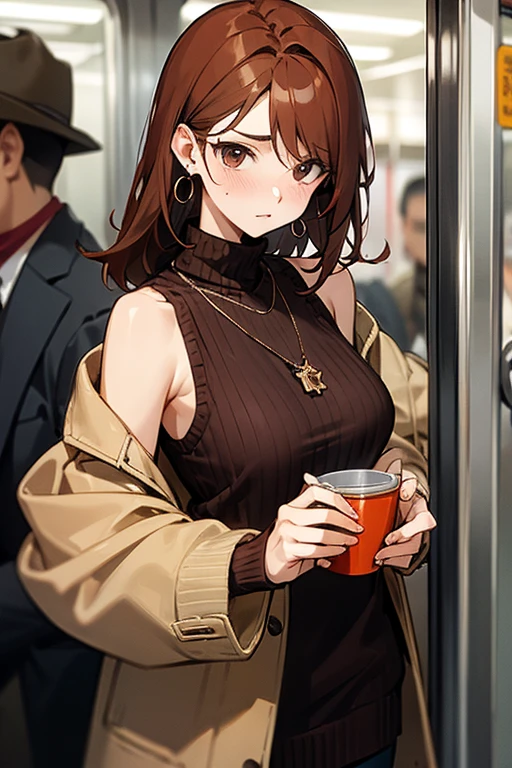 Reddish brown hair、Earrings、necklace、Sleeveless knitwear、Shoulder Bare、turtleneck、sexy、Cowboy Shot、In a crowded train、Disheveled clothing、Office casual fashion