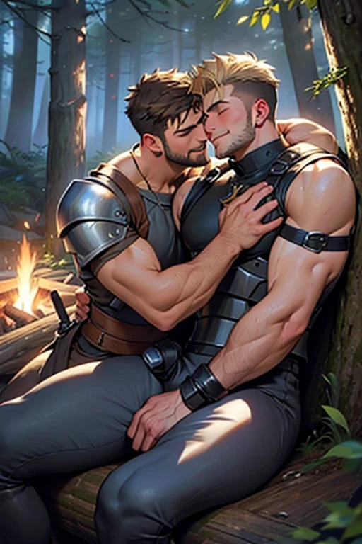 2 men, Photo-realistic. A pleased 24-year-old male, medieval warrior, with shaved blonde hair, stubble, and closed eyes, wearing sleeveless, metal armor, arm around, cuddling, kissing a smiling lovingly, 19-year-old, fit, handsome, medieval man with shaved, brown hair, slight stubble, and closed eyes, wearing sleeveless gray and gold tunic, and tan leather pants.  They sit close together on a log, in a wooded field, in front of a campfire, at night.  Masculine, sexy, men in love, with big bulging pants.