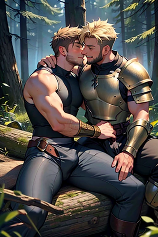 2 men, Photo-realistic. A pleased 24-year-old male, medieval warrior, with shaved blonde hair, stubble, and closed eyes, wearing sleeveless, metal armor, arm around, cuddling, kissing a smiling lovingly, 19-year-old, fit, handsome, medieval man with shaved, brown hair, slight stubble, and closed eyes, wearing sleeveless gray and gold tunic, and tan leather pants. They sit close together on a log, in a wooded field, in front of a campfire, at night. Masculine, sexy, men in love, with big bulging pants.