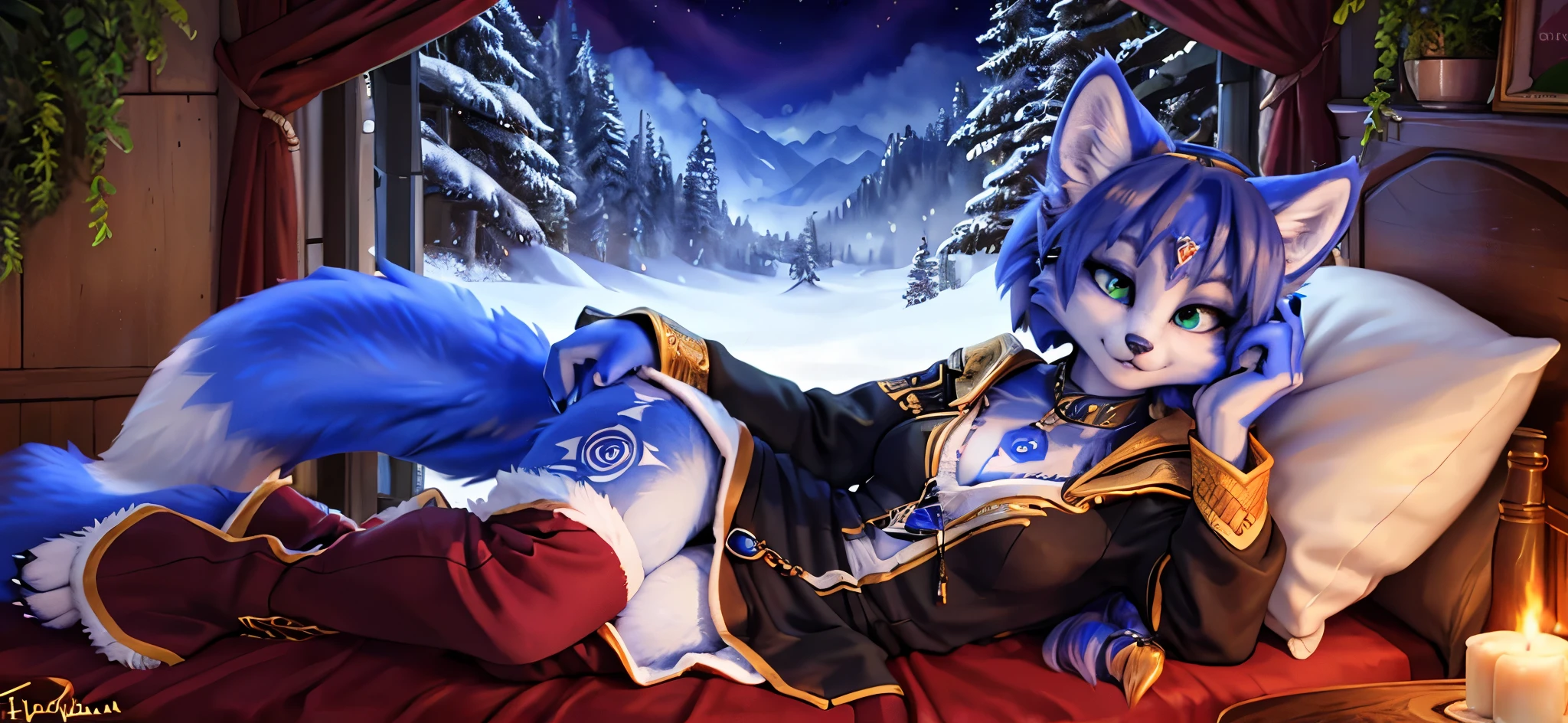 A beautiful and detailed (sweet picture) von ((Krystal)), Sternenfuchs Krystal, Schlank, liebenswert, green eyes, medium breasts, (((Lange blaue Haare 1.3))),  ((schwarze haarspitzen)), Dekollete, Grinsen, hoch schauen,, anthro, Pelzig, Hochgeladen E621, detailed flauschige fur, (von Fluff-Kevlar, Bayard Wu, Personalami, Pino Daeni), detailliertes Gesicht, (flauschige), 1 girl, Allein,  Stammes-Kleidung, sweet girl, solo, wears a mages robe 

