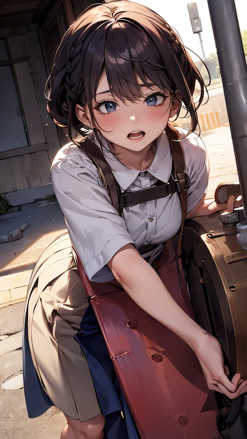1 girl, sitting, inside a military vehicle, (((military uniform, mini shorts))), ((short sleeve)), (tied up:1.5), tied up, handcuffed, restrained, (worried:1.5), (blushing:1.5), perfect body, perfect face, perfect eyes, detailed eyes, beautiful eyes, big thighs, detailed face, full body