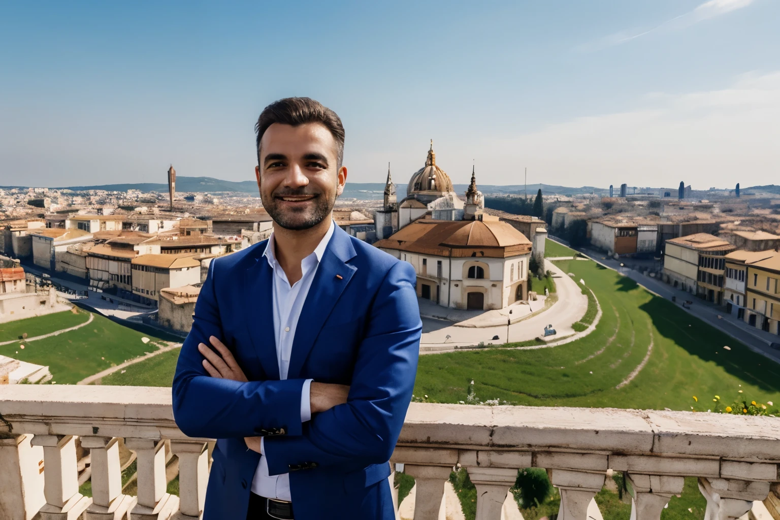 happy italian entrepreneur in front of his new society in Romania, high detailed, perfect imagine, 4k, ultra high resolution, romanin flags