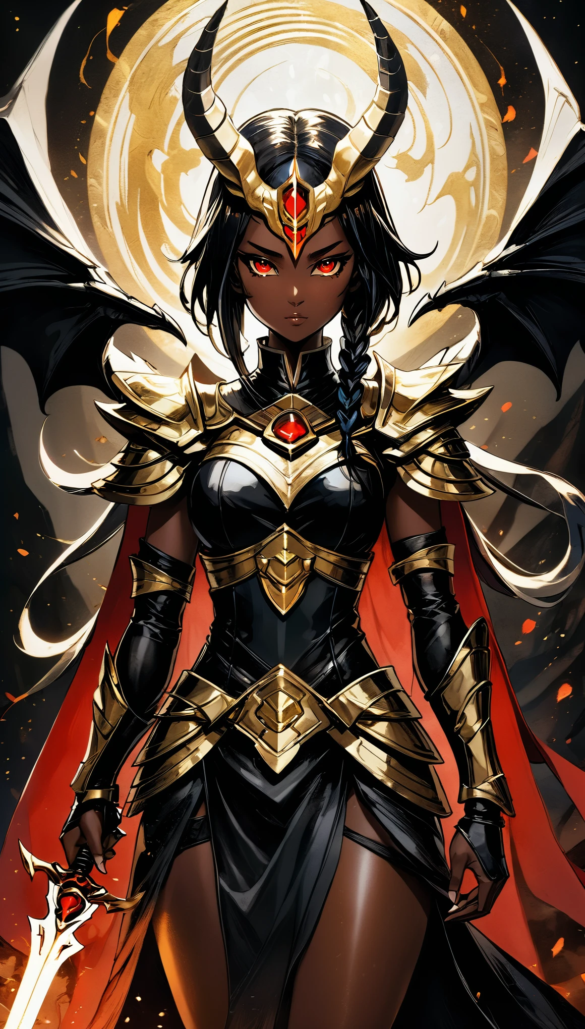 (in sytle of KUBO TITE:1.4),super fitness，There is a piece of digital art, This painting depicts a girl with a golden head and horns warrior, glowing red eyes，movie shot,red Lightning Effects,unfinished, incubation (texture)，black battlefield background，natural lighting，dark skin，dark atmosphere，Dragon Knight full body photo, Mysterious Anubis and Valkyrie, Super detailed fantasy characters, dragon portrait, black balance color, white and red，sleipnir&#39;photo, ghost of anubis, 4K details fantasy, Polaroid Counting Trends, zbrush competition champion, Draw using zbrush, ZBrush Central Competition Champion, warrior, (The whole body is covered with blood:1.2)，(insanely detailed and intricate, hypermaximalist, elegant, ornate, hyper realistic, super detailed:1.1)