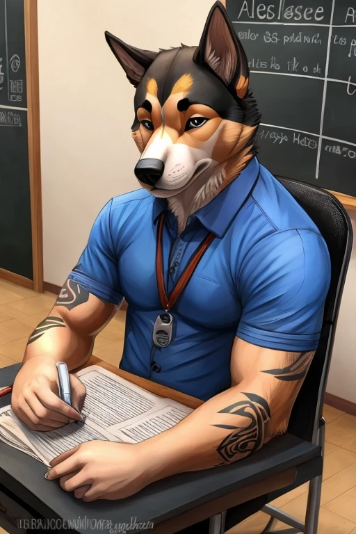 4k, Best Quality, male, lobo, Legoshi, beastars, eyes with black pupils, masculine, naked, uncut penis, NSFW, pezones masculines, well-built, anatomically correct, sitting on a wooden desk looking at the viewer with his legs open showing his anus, She masturbates with one hand while the other hand is behind her head while she has an orgasm on the same desk, sensual smile, background of an empty school classroom in daylight.
