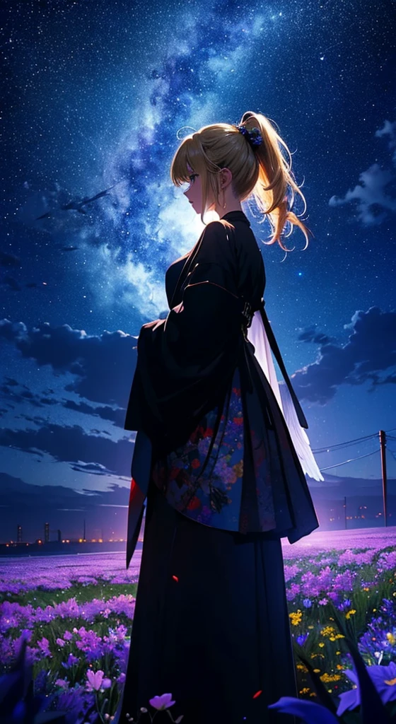 1people々々々々,Blonde ponytail female angel,Long coat, Dress Silhouette, Rear View,Space Sky, Flower Field,Colorful flowers,night,Crescent Moon,