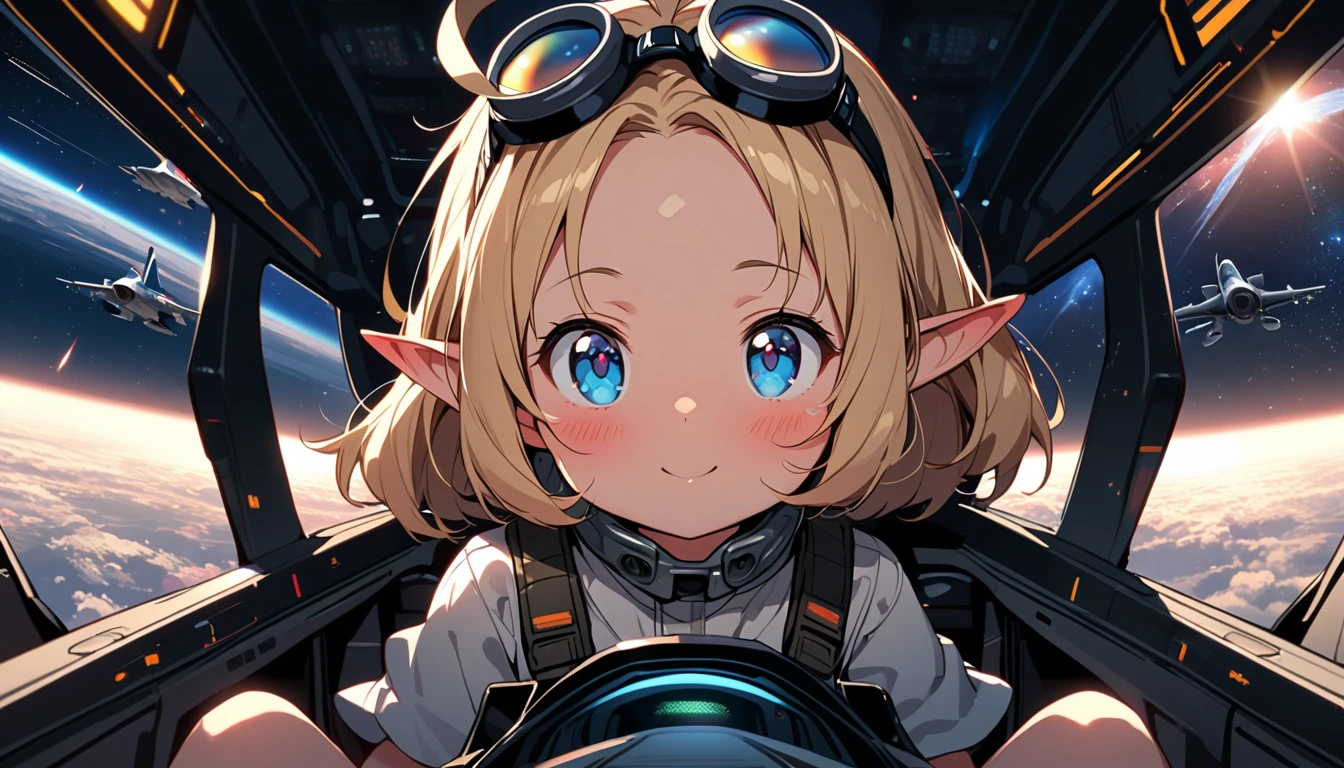 ((face focus)), ((looking away:1.5)), (***********), solo, (**** face), , glossy blonde hair, ahoge, happy smile, short hair, elf, blush, blue eyes, beautiful detailed eyes, ((fighter jet:1.3)), ((space)), goggles, ((sitting in the cockpit)), forehead, ((cockpit view:1.5))