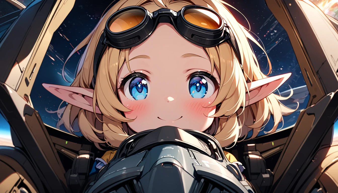 ((face focus)), ((looking away:1.5)), (), solo, (loli face), glossy blonde hair, ahoge, happy smile, short hair, elf, blush, blue eyes, beautiful detailed eyes, ((fighter jet:1.3)), ((space)), goggles, ((sitting in the cockpit)), forehead, ((cockpit view:1.5))