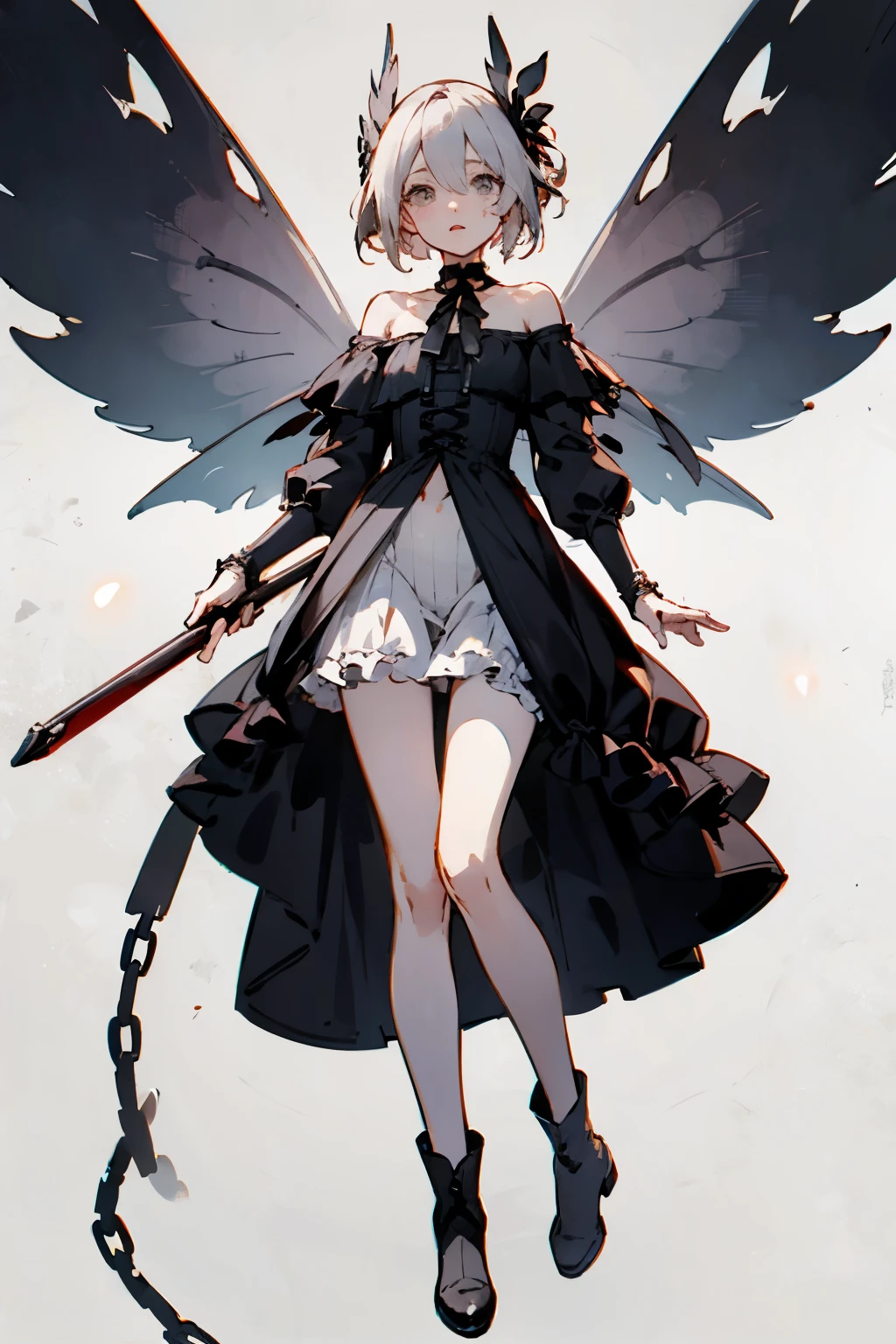 ((best quality)), ((masterpiece)), (detailed), 1girl, off-shoulder, Character design, female, dynamic poses, long white grey hair, grey white eyes, very skinny, detailed, best quality, no accesoires around the neck, no shoes, prominent collarbones, skinny arms, flat stomach, visible hip bones, full body, blank white background, plain background, white background, red and white clothing, Bloodborne inspired, occult aesthetic, occult, detailed and intricate steampunk and detailed gothic, NSFW, Very dramatic and cinematic lighting, cosmic horror, grim-dark, side-lighting, perfect face, NSFW, Fluttering lace flared long knee length dress with frilly petticoats, knee length dress, pleated petticoats, petticoats gothic, complex lace boots, side-lighting, gothic ta aesthetic, wielding a mighty sword with mechanical components, mandalas, small breasts, a fairy, various different types of insect wings, NSFW, full body, whole body, body, plain background, white background, blank background, no background, white background NSFW, chains, full body, whole body, head-to-toe NSFW