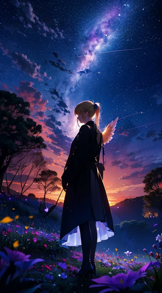 １people々々々々,Blonde ponytail female angel，Long coat， Dress Silhouette， Rear View，Space Sky, Flower Field，Colorful flowers，night，Crescent Moon，