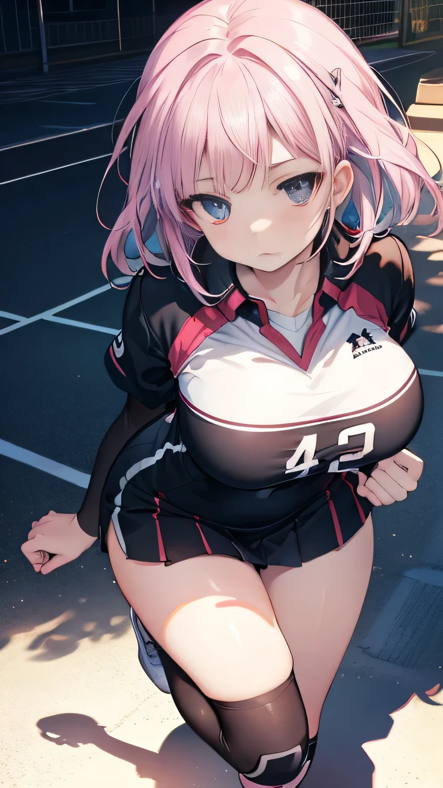 (Highly detailed CG Unity 8k wallpaper),(masterpiece), (highest quality), (Super detailed), (Best illustrations),(Best Shadow), Large Breasts　Pink gradient hair　Beautiful eyes　 volleyball　Cramped uniforms