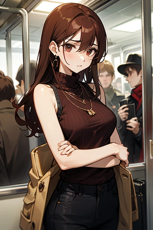 Reddish brown hair、Earrings、necklace、Sleeveless knitwear、Shoulder Bare、turtleneck、sexy、Cowboy Shot、In a crowded train、Disheveled clothing、Office casual fashion