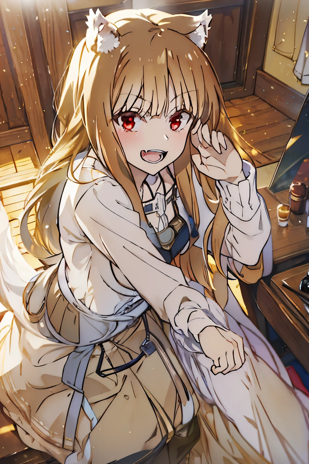 best quality,masterpiece,Dynamic lighting, (Holo of Spice and Wolf),wearing a long skirt,long sleeves,strapless,My shoulders are exposed,bust,front shot,Sitting on a chair,left hand,Resting your chin,a bewitching laugh,waving my right hand,tail wagging behind,Fangs that appear to be teeth,left hand,Jaw-dropping,sitting at the wooden table,looking at the viewer,smiling brightly,afternoon,middle age,village inn restaurant