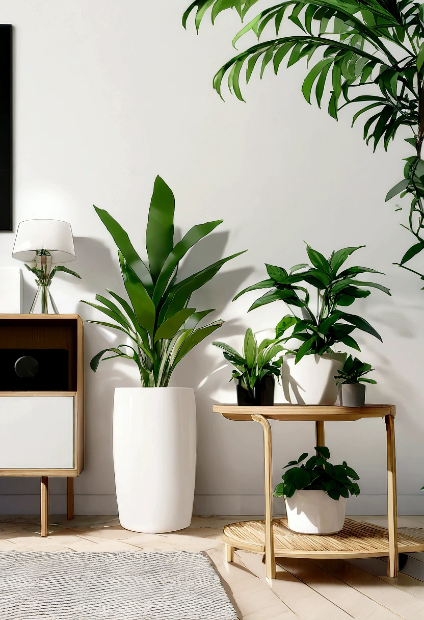 You are a famous interior designer,Ele foi contratado para criar uma imagem em close-up 3D de um grande estudo moderno,desfoque da lente, Create a harmonious environment with modern and minimalist furniture. Some houseplants are included,Make it look fresher.
