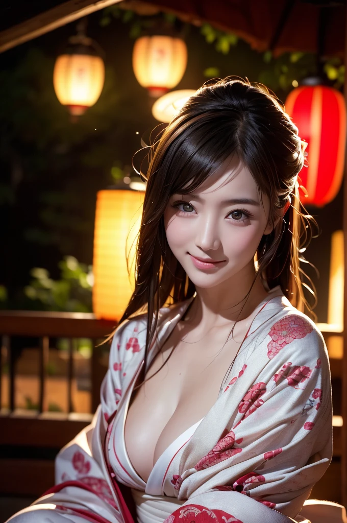 (high resolution、high quality、High resolution、detailed、8k、masterpiece）、超A high resolution、(Photorealistic:1.3)、RAW Photos、((Ultra-Realistic Details))、Portrait、Global Illumination、Shadow、Octane Rendering、8k、Super sharp、Beautiful breasts、Beautiful Eyes、非常に複雑なdetailed、Realistic Light、CGSoation Trend、ネオンのdetailed、The light is gentle、woman１people、Alluring、Oiran、超美people、A beauty that everyone falls in love with、Sitting in a place overlooking Yoshiwara at night、A night with countless red lanterns sparkling in the light、Japanese Landscape、Edo Period、hairdresser、Dignified、Intellectual、princess、Red kimono、１８age、smile