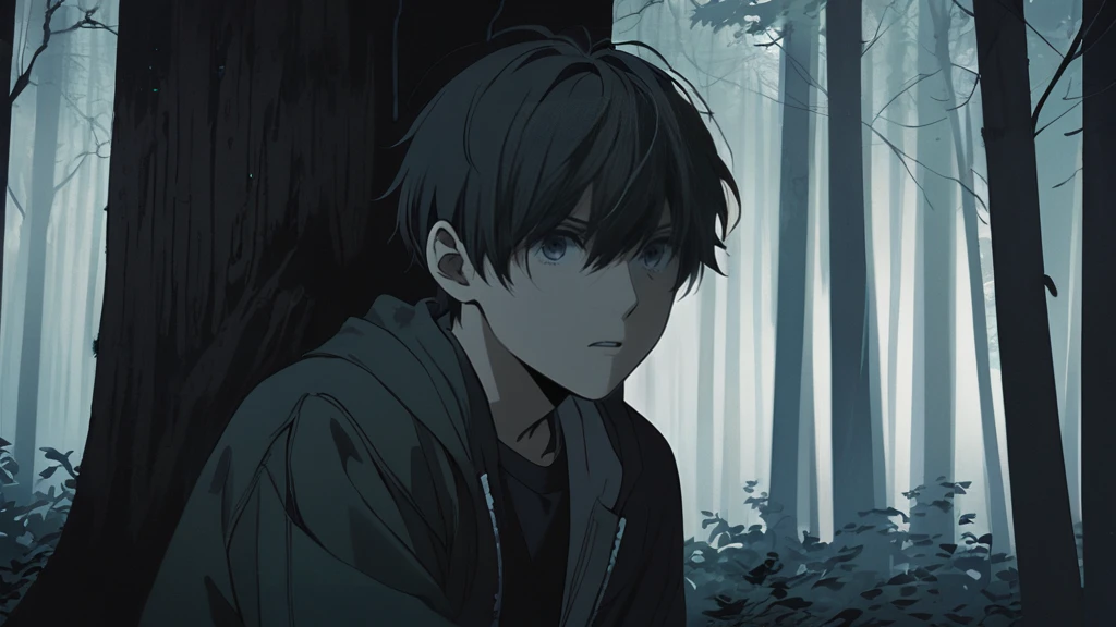 1 boy in a forest, doppelganger behind tree watching with horror expression, eerie anime atmosphere, detailed face and eyes, cinematic dramatic lighting, muted color palette, moody and suspenseful