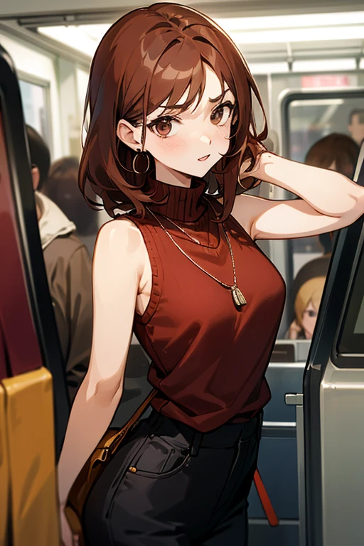 Reddish brown hair、Earrings、necklace、Sleeveless knitwear、Shoulder Bare、turtleneck、sexy、Cowboy Shot、In a crowded train、Disheveled clothing、Office casual fashion、The inner string is visible、Asymmetrical design、Tight pants、Off-the-shoulder oversized jacket、Voluminous bob cut、High leg pants、jeans、Dark navy jeans、Sideboob、White top、