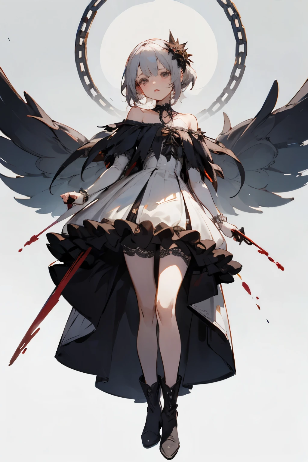 ((best quality)), ((masterpiece)), (detailed), 1girl, off-shoulder, Character design, female, dynamic poses, long white grey hair, grey white eyes, very skinny, detailed, best quality, no accesoires around the neck, no shoes, prominent collarbones, skinny arms, flat stomach, visible hip bones, full body, blank white background, plain background, white background, red and white clothing, Bloodborne inspired, occult aesthetic, occult, detailed and intricate steampunk and detailed gothic, NSFW, Very dramatic and cinematic lighting, cosmic horror, grim-dark, side-lighting, perfect face, NSFW, Fluttering lace flared long knee length dress with frilly petticoats, knee length dress, pleated petticoats, petticoats gothic, complex lace boots, side-lighting, gothic ta aesthetic, wielding a mighty sword with mechanical components, mandalas, small breasts, a fairy, various different types of insect wings, NSFW, full body, whole body, body, plain background, white background, blank background, no background, white background NSFW, chains, full body, whole body, head-to-toe NSFW