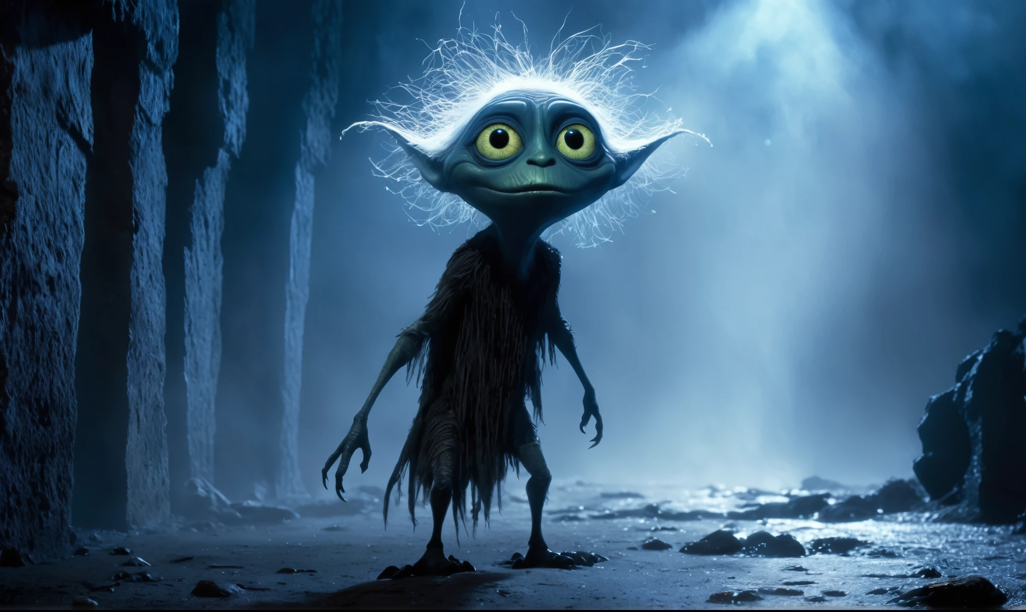 full body length shot,beggar graphite Manganite sparas, wants eat,survival in criminal city of future,Cinematic,soft colors, Technicolor,natural skin textures, hyper realism, hyper detailed,Extremely detailed,High contrast,Masterpiece,Realistic,Ultra Detailed, intricate details,realistic humid leather,extremly intricate,Epic Realistic, cinematic style,irina yermolova,high contrast,hdr,extremely detailed, [deep night landscape],masterpiece,intricate details,faded,eyes extremely detailed, high detailed eyes,16k resolution,RAW,retina, Nikon Z9,China,Songbird,orc,Li River in Guangxi Zhuang of China,tkt style, Pisces, pointed ears，perfect, ginger，transition between two art styles, Ink painting to photorealism, Double contact, X-ray, Creative, vivid light, masterpiece, fantasy, Abstract, Surrealism, super detailed, high resolution, stop:35,(((creature with a spectral and ghostly appearance)). Her skin is pale, almost translucent. His eyes shine with a bluish glow, he wears dark, torn clothes that float around him, as if permeated by an aura of mourning. Its appearance is complemented by details such symbols of morning and gothic elements, further emphasizing its dark air. is portrayed as a haunted and tormented entity,pixar movie still, pixar movie screenshot, frame from pixar movie, animated movie still, still from the pixar movie, still from a pixar movie, disney pixar movie still, pixar movie scene, still from pixar movie, still from a 2001 pixar movie, pixar render, animated film still