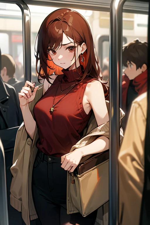 Reddish brown hair、Earrings、necklace、Sleeveless knitwear、Shoulder Bare、turtleneck、sexy、Cowboy Shot、In a crowded train、Disheveled clothing、Office casual fashion、The inner string is visible
