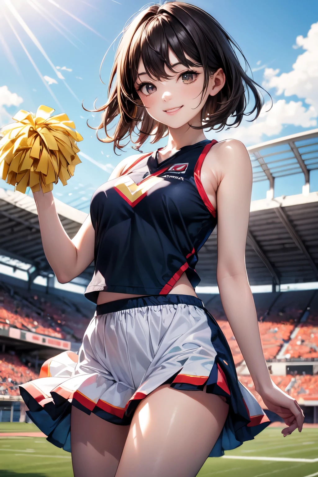 very cute and beautiful cheerleader girl,(highly detailed beautiful face and eyes),(holding pom poms:1.1),(smile:1.3),happy,
(stadium stands),cowboy shot,dynamic pose,(sleeveless orange cheerleader shirt),beautiful legs,
looking at viewer,black hair,hair band,
(best quality,masterpiece),absurdres,highres,ultra-detailed,extremely detailed,32k,8k resolution,
intricate details,cinematic scene,detailed background,solo,dynamic angle, hair fluttering in the wind,beautiful detailed sky,