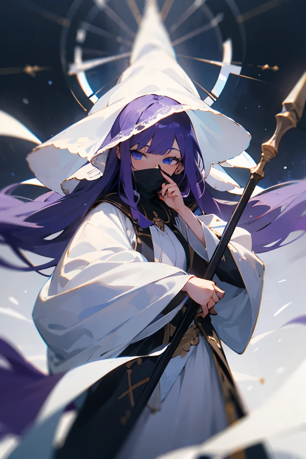 Woman with Fair skin and long flowy purple hair and blue eyes, wearing a Veil Over her mouth. Holding a white and Black staff. White and purple clothes with long sleeves