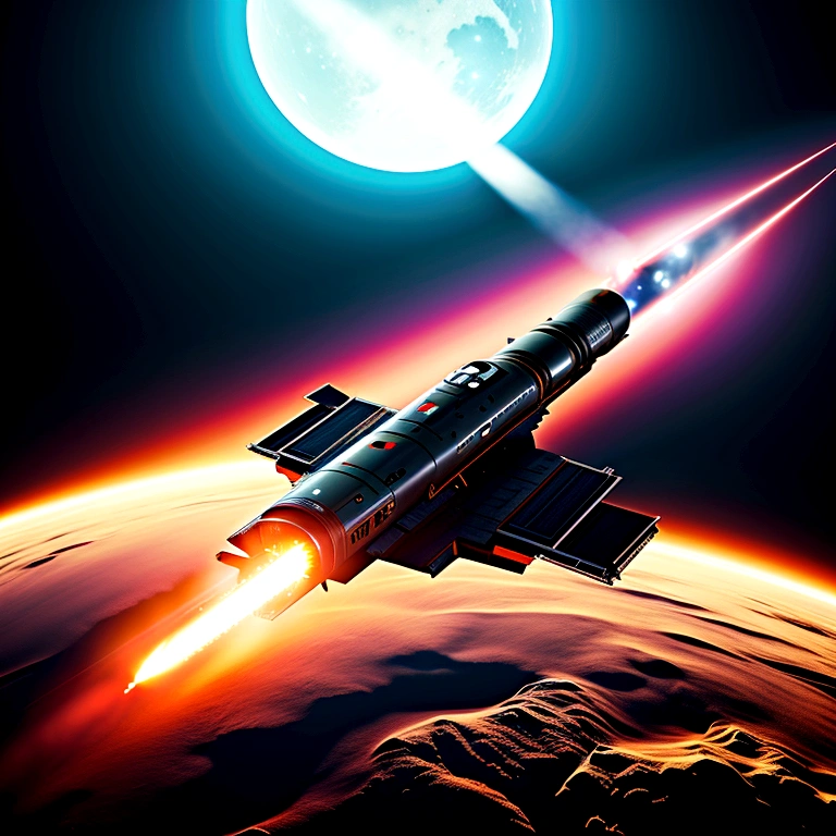 in the deep dark void of space, two space ships approach Saturn, unleashing missiles and lasers