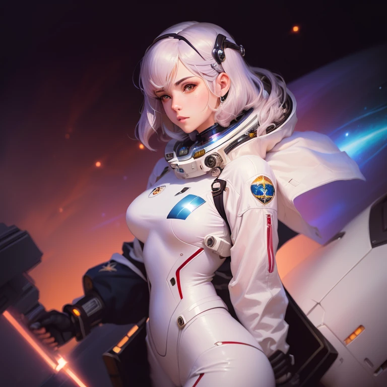 um close de uma mulher em um traje espacial com uma nave espacial ao fundo, portrait anime space cadet girl, cushart krenz arte chave feminino, ayanami, retrato garota astronauta blindada, arte oficial do personagem, girl in space, android heroine, science fiction woman, inspirado em Krenz Cushart, Lois van Baarle e Rossdraws