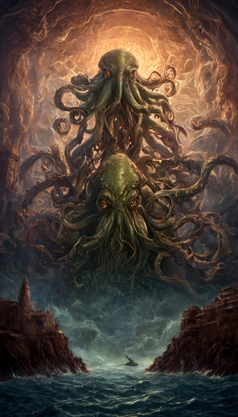 cthulhu, funny creature, abstract horror, surreal, hyper detailed, 4k, 8k, highly detailed, photorealistic, masterpiece, studio lighting, vibrant colors, dramatic lighting, twisted, eldritch, tentacles, giant squid, deep sea monster, bizarre anatomy, unsettling, uncanny, grotesque, whimsical, playful, humorous, comical, cartoon style, dynamic pose, expressive