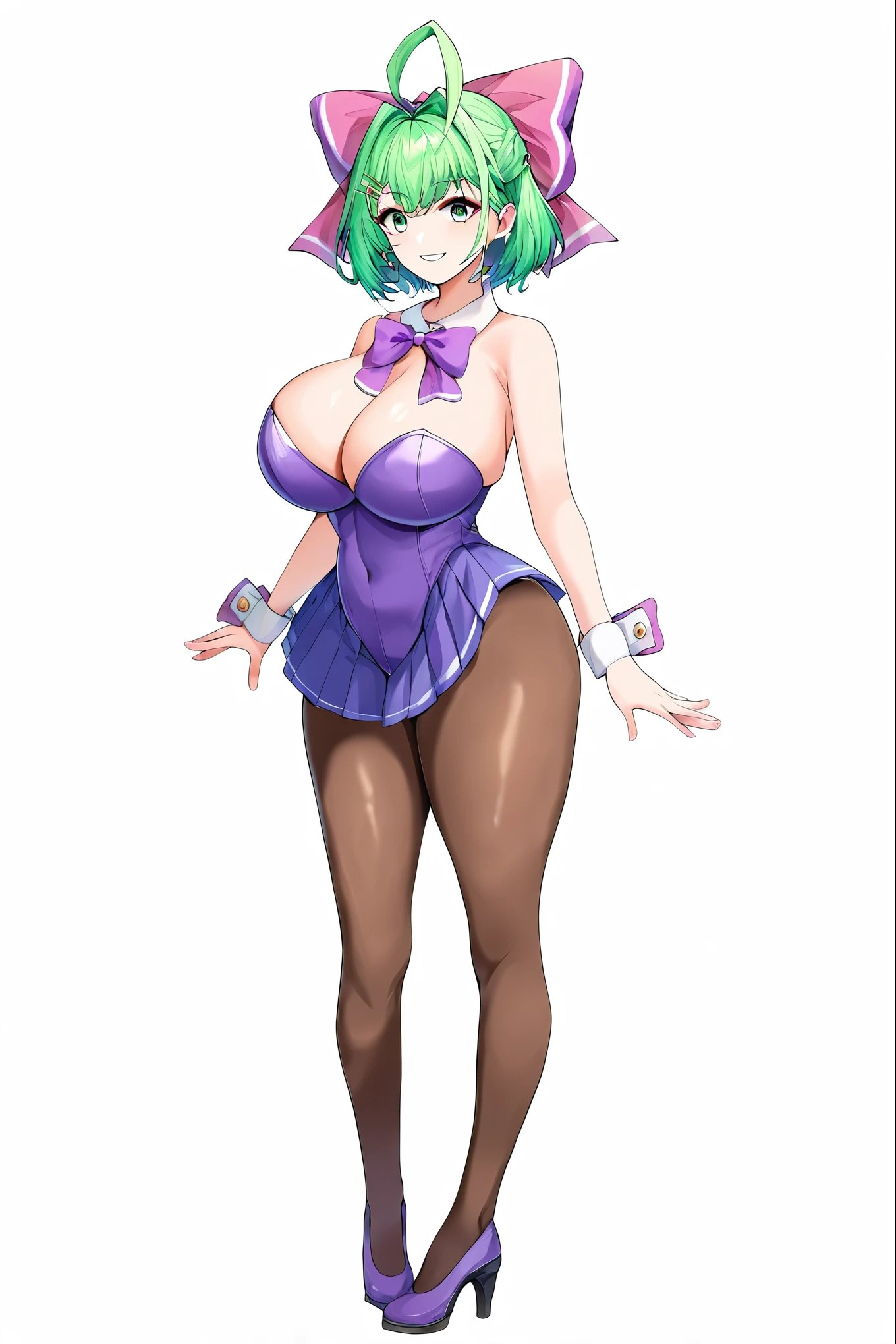 miss，front，posture，Green short hair，Green Eyes，Purple bow，Blue pleated skirt，White socks，，Small leather shoes，Antenna hair，Doudou Eyebrows，Hair rope，Everlasting，Bangs，HappyGreen Hair Bow Girl Source_Japanese cartoons,Miss, ,Fraction9，Fraction_8_rise，Fraction_7_rise，Fraction_6_rise，Fraction_5_rise，Fraction_4_up，best quality，masterpiece，full，Miss臀部，Thick thighs，Huge breasts，Huge ass，Protruding belly，Temptingposture，Viewer，Tempting_Smile，Fraction_9,Fraction_7_Direction_6_Direction_5_Direction_4_up,best quality,masterpiece,Bunny Suit,black暗的，black，High heel