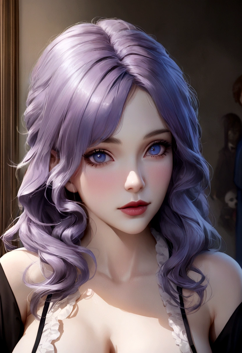 purple hair, maid headdress, color contact lenses, longeyelashes, shy, angry, blush, modern, ray tracing, chromatic aberration, cinematic lighting, The upper part of the body, huge tit, UHD, 8k, highres