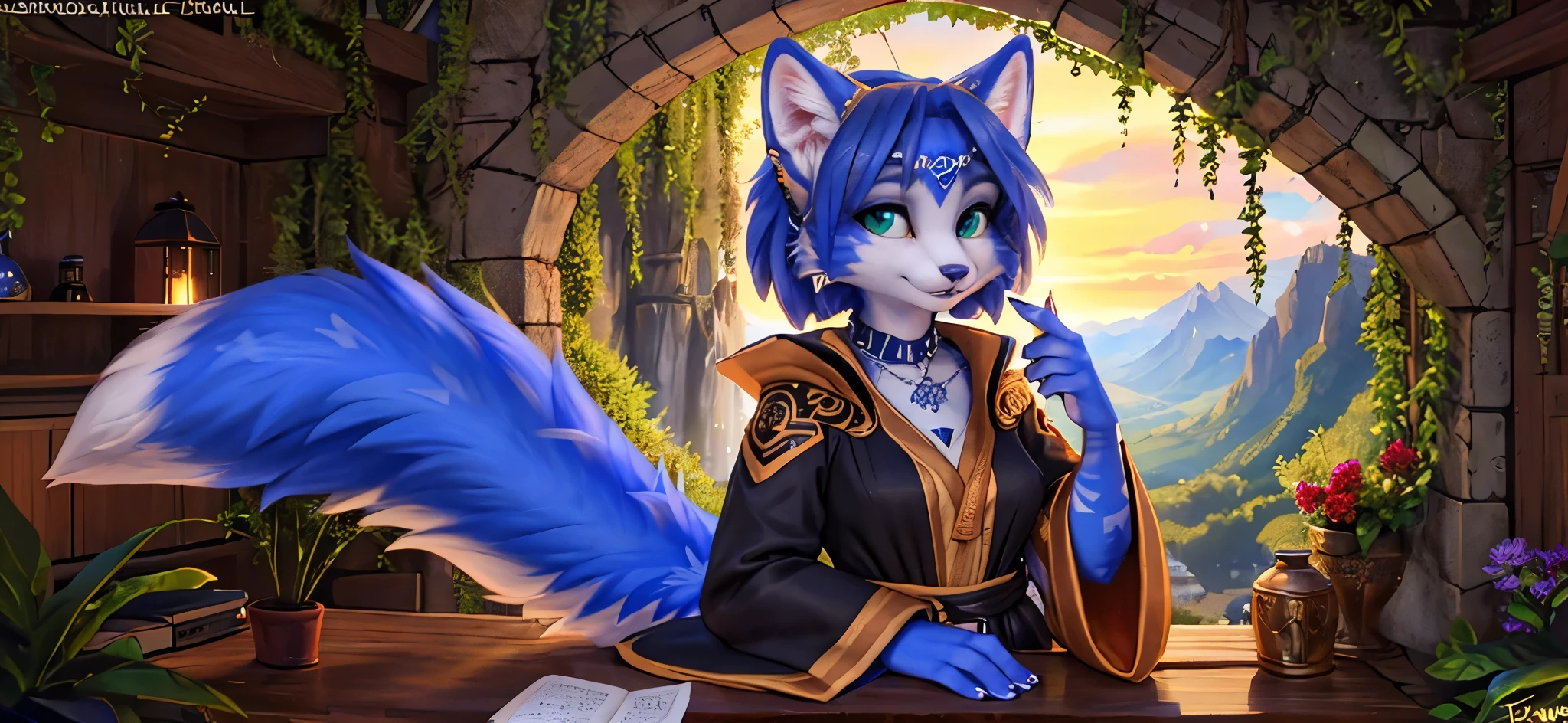 A beautiful and detailed (sweet portrait) von ((Krystal)), Sternenfuchs Krystal, Schlank, liebenswert, green eyes, medium breasts, (((Lange blaue Haare 1.3))), ((schwarze haarspitzen)), Dekollete, Grinsen, hoch schauen,, anthro, Pelzig, Hochgeladen E621, detailed flauschige fur, (von Fluff-Kevlar, Bayard Wu, Personalami, Pino Daeni), detailliertes Gesicht, (flauschige), 1 girl, Allein, Stammes-Kleidung, sweet girl, solo, wears a mages robe