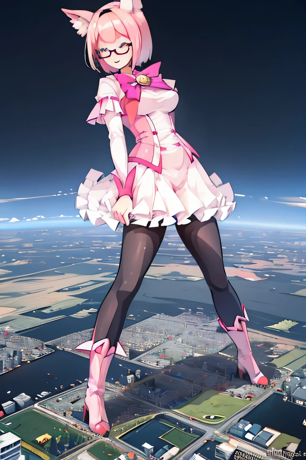 giantess art, highly detailed giantess shots, giantess, Two legs, Five fingers, short hair, A beautiful girl who is bigger than a skyscraper, Wearing rimless glasses, smile, huge breasts, pink and white dress, bow, magical girl, holding a magical wand, black pantyhose, pink stiletto heels, thunderbolt from a magical wand, Destroying cities, A very small big city, Miniature metropolis, Full body description, GTS, giga giantess, stomping city, crash city, tiny city, micro city, pantyhose feet, High resolution, highest quality, masterpiece, peeing self, futanari, her huge erect penis,