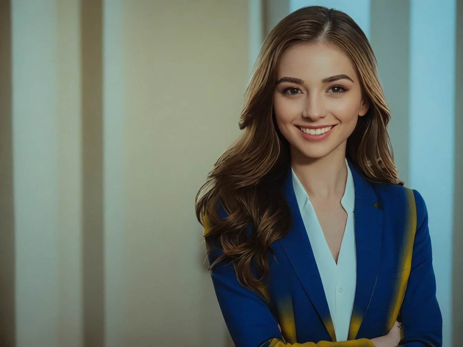 a close up of a woman in a checker suit in an old library , the coat checker in blue and yellow , cinematic lighting , neon lighting , dramatic warm rim light