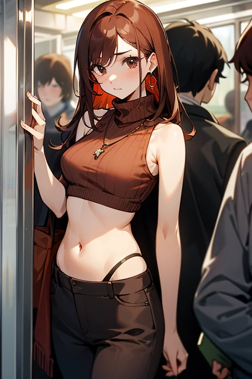 Reddish brown hair、Earrings、necklace、Sleeveless knitwear、Shoulder Bare、turtleneck、sexy、Cowboy Shot、In a crowded train、Disheveled clothing、Office casual fashion、Belly button